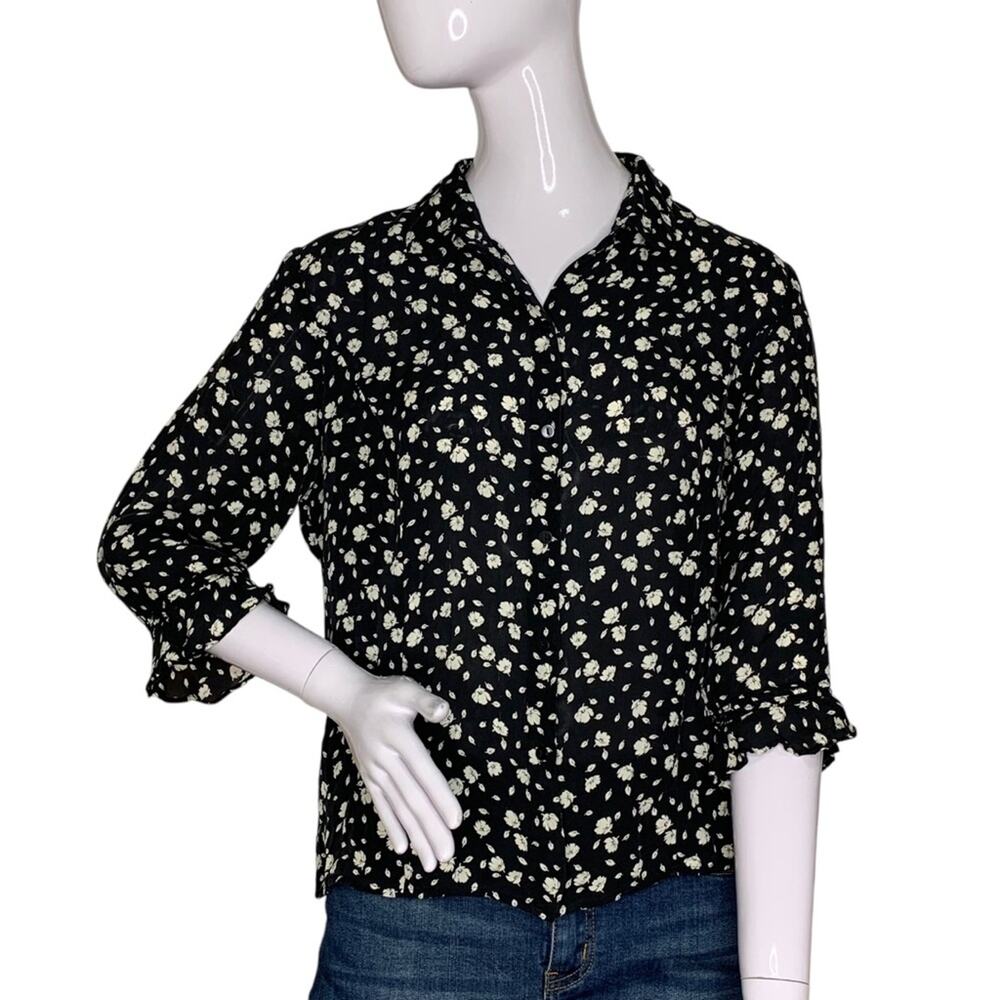 Ann Taylor Petite Blouse Floral Print Collared Buttons Down 100% Silk Size 12P
